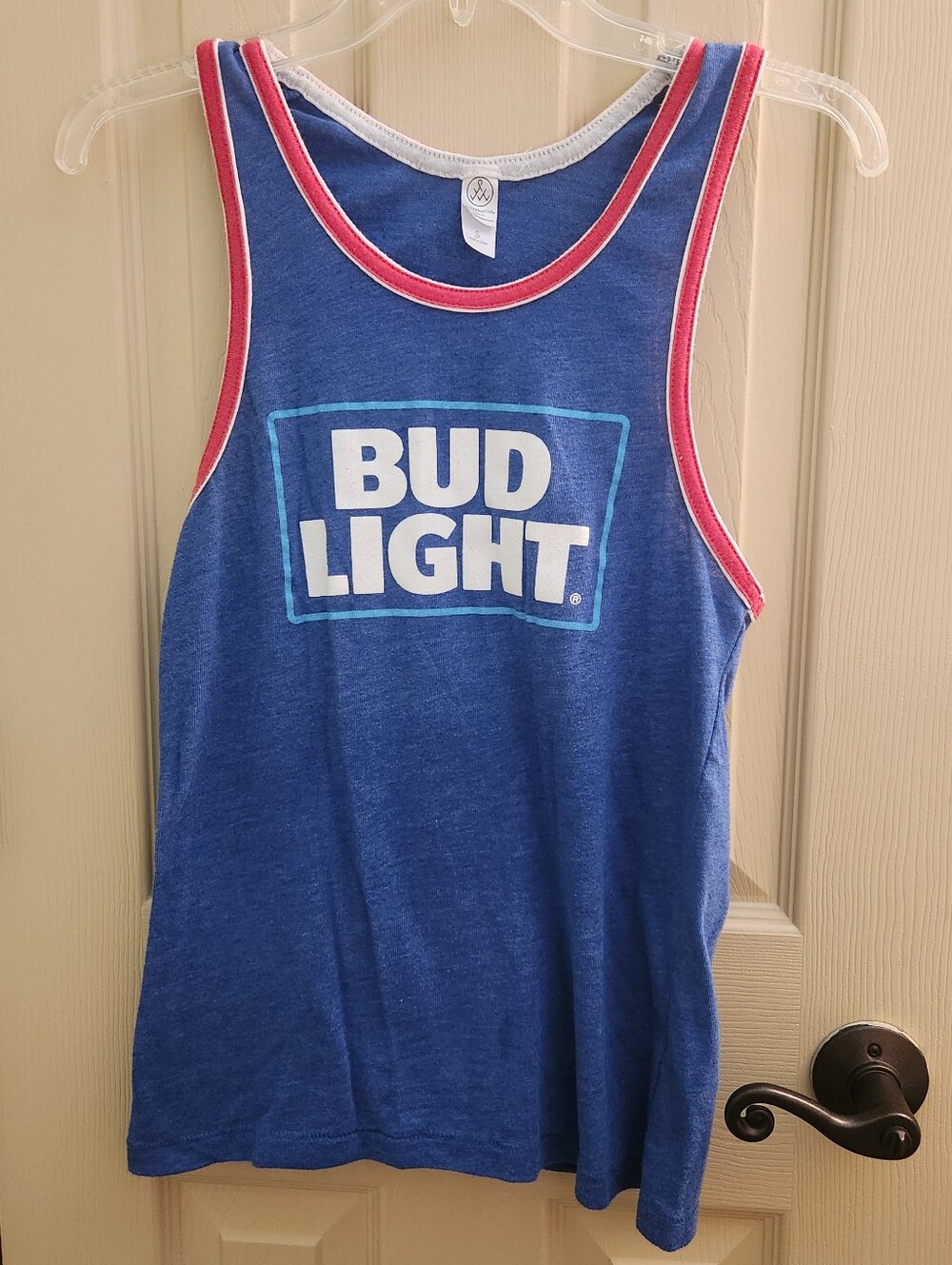 Alternative Earth blue tank top with Red & White Stripes on piping Bud Light  🍺